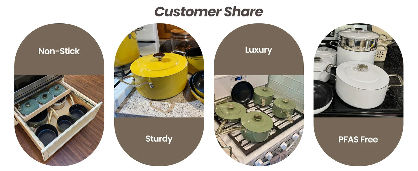 Nuwave Lux LE 13-Pc Cookware Set with Elegant Gold Handle Diamond Infused Ceramic Non-Stick PFAS Free Premium Metal Lids Avocado