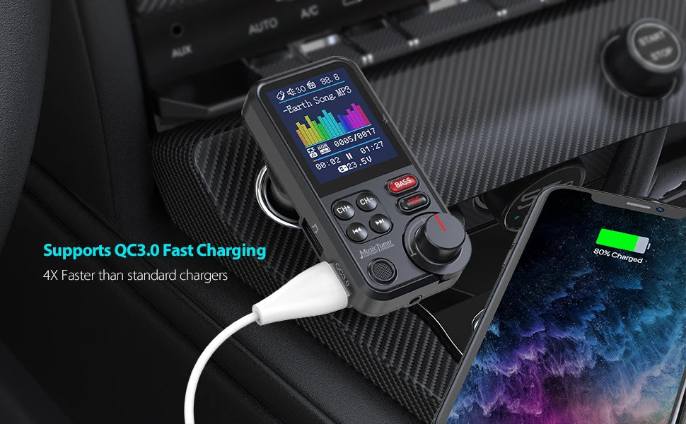 Transmetteur FM Bluetooth sans fil pour voiture de 1,8 pouces, prise en charge auxiliaire, chargement QC3.0, son aigu et grave, lecteur de musique