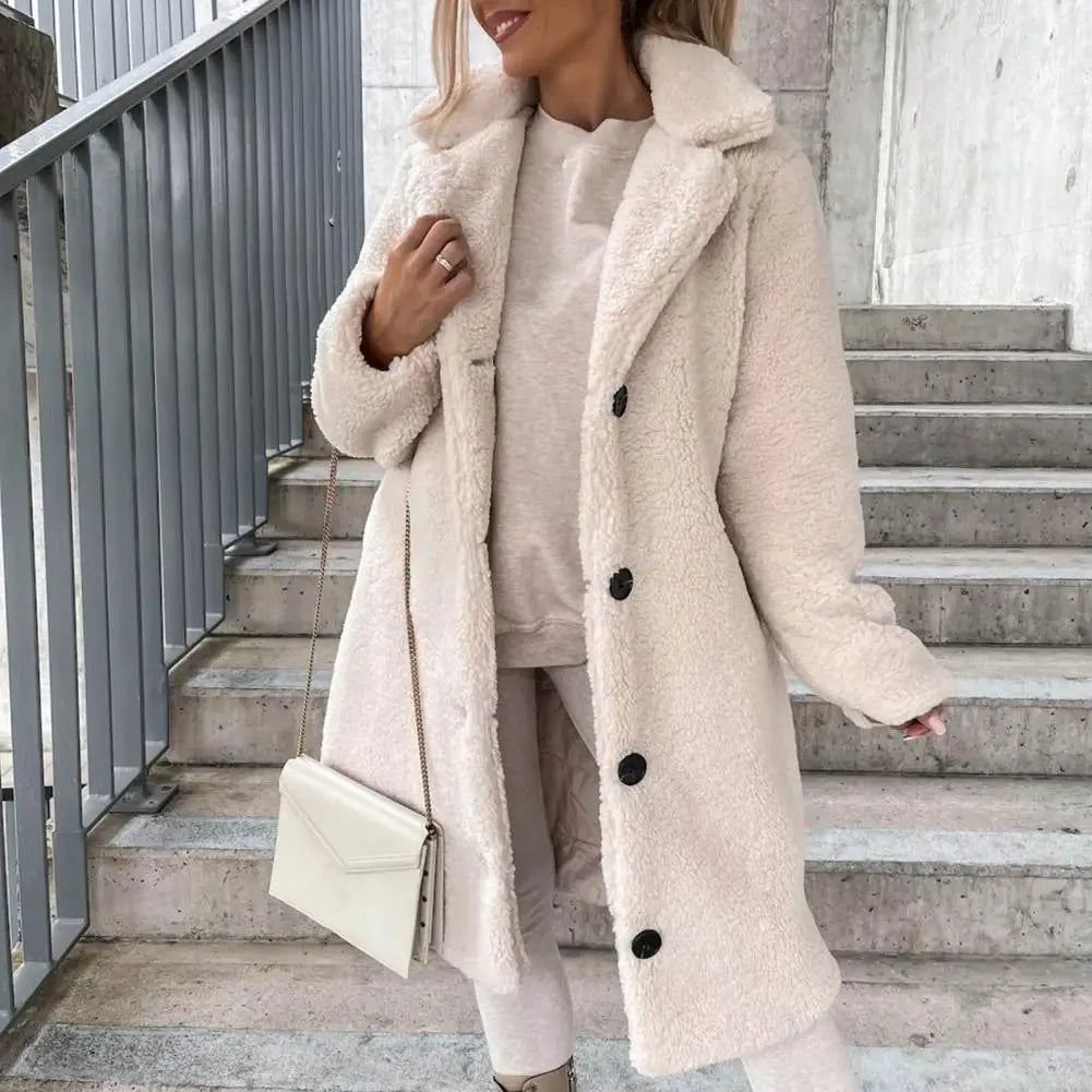 Trendy Women Overcoat Autumn Winter Women Trench Coat Long Style Pure Color Single-breasted Teddy Jacket Windproof