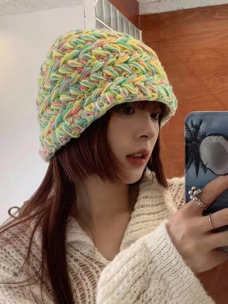 2022 New Korean-Japanese Hand Buckle Crochet Bucket Hat Spring and Autumn Winter Sun Hat Female Cherry Designer Bob Basin Hat