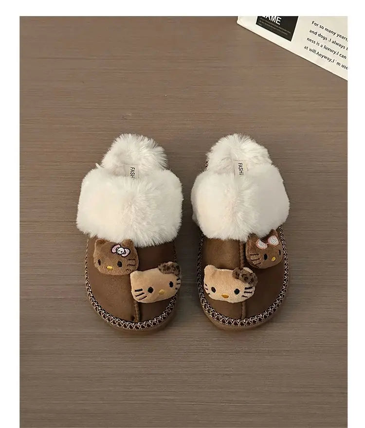 Pantuflas de invierno Sanrio Hello Kitty con bonitos dibujos animados, cálidas y cómodas, estilo Kawaii Y2k, antideslizantes, planas, para exteriores, para mujer