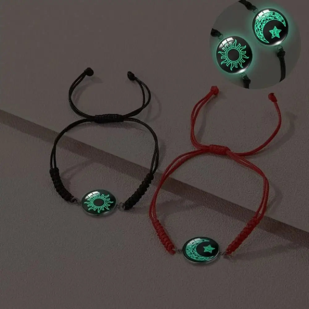 2Pcs Romantic Couple Bracelet Stainless Steel New Sun and Moon Lovers Charm Bracelet Glow in The Dark Adjustable Woven Bracelet