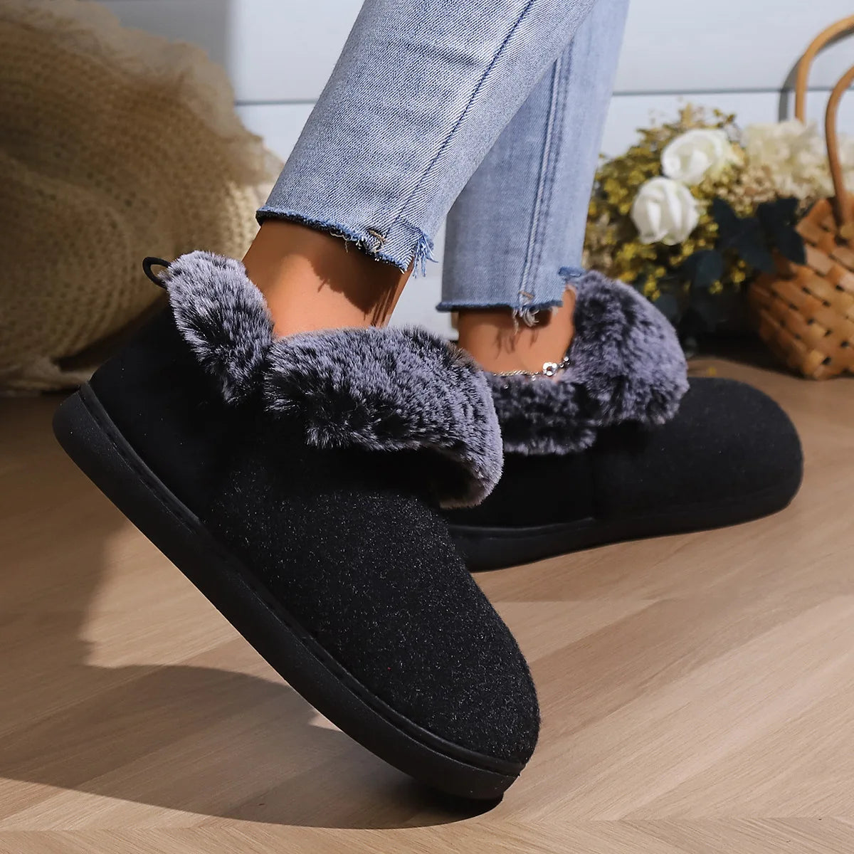 Bebealy Winter Plush Fur Women Slippers Fluffy Home Slippers Female Indoor Warm Closed Soft Non-slip High Ankle Fuzzy Slippers