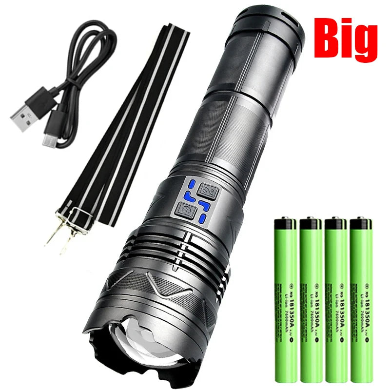 Linterna LED potente GT60 de 100 W, linterna táctica de largo alcance con pantalla de potencia, linterna con zoom recargable por USB para acampar al aire libre