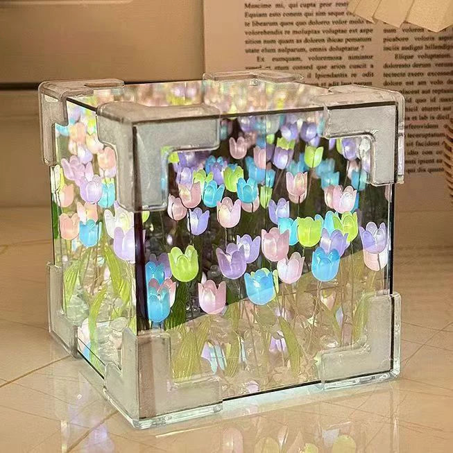 DIY Tulip Night Light Led Decorative Night Lamp Magic Cube Table Lamp and Mirror 2 in 1 for Birthday Gifts and Christmas Present