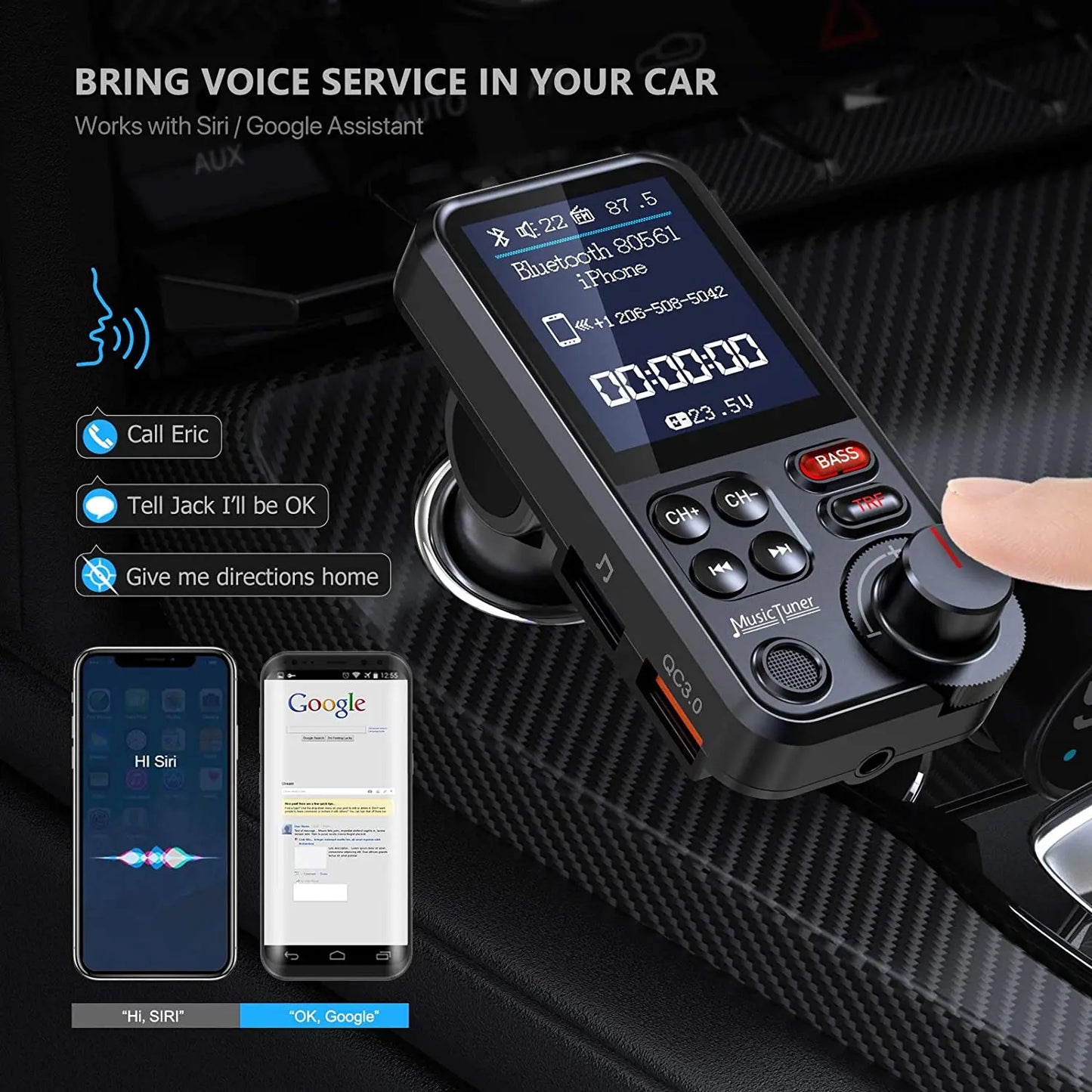 Transmetteur FM Bluetooth sans fil pour voiture de 1,8 pouces, prise en charge auxiliaire, chargement QC3.0, son aigu et grave, lecteur de musique