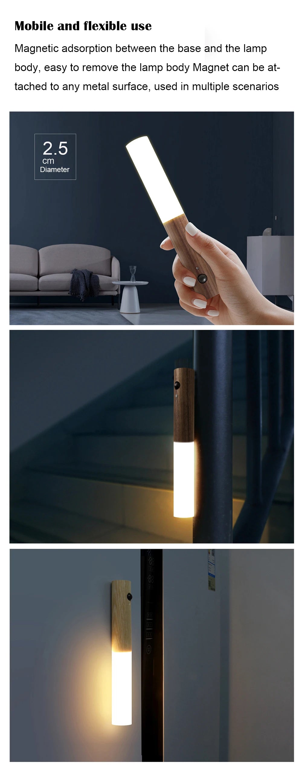 Luz LED de pared portátil e inteligente para interiores, luz nocturna para pasillo, carga USB, sensor de movimiento con grano de madera, activación por inducción
