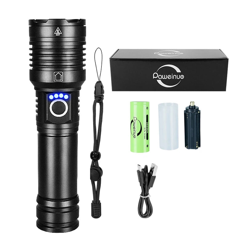 Linterna LED de alta potencia XHP 120, linterna con batería 18650 26650, recargable por USB, con zoom, para emergencias, acampadas al aire libre y pesca