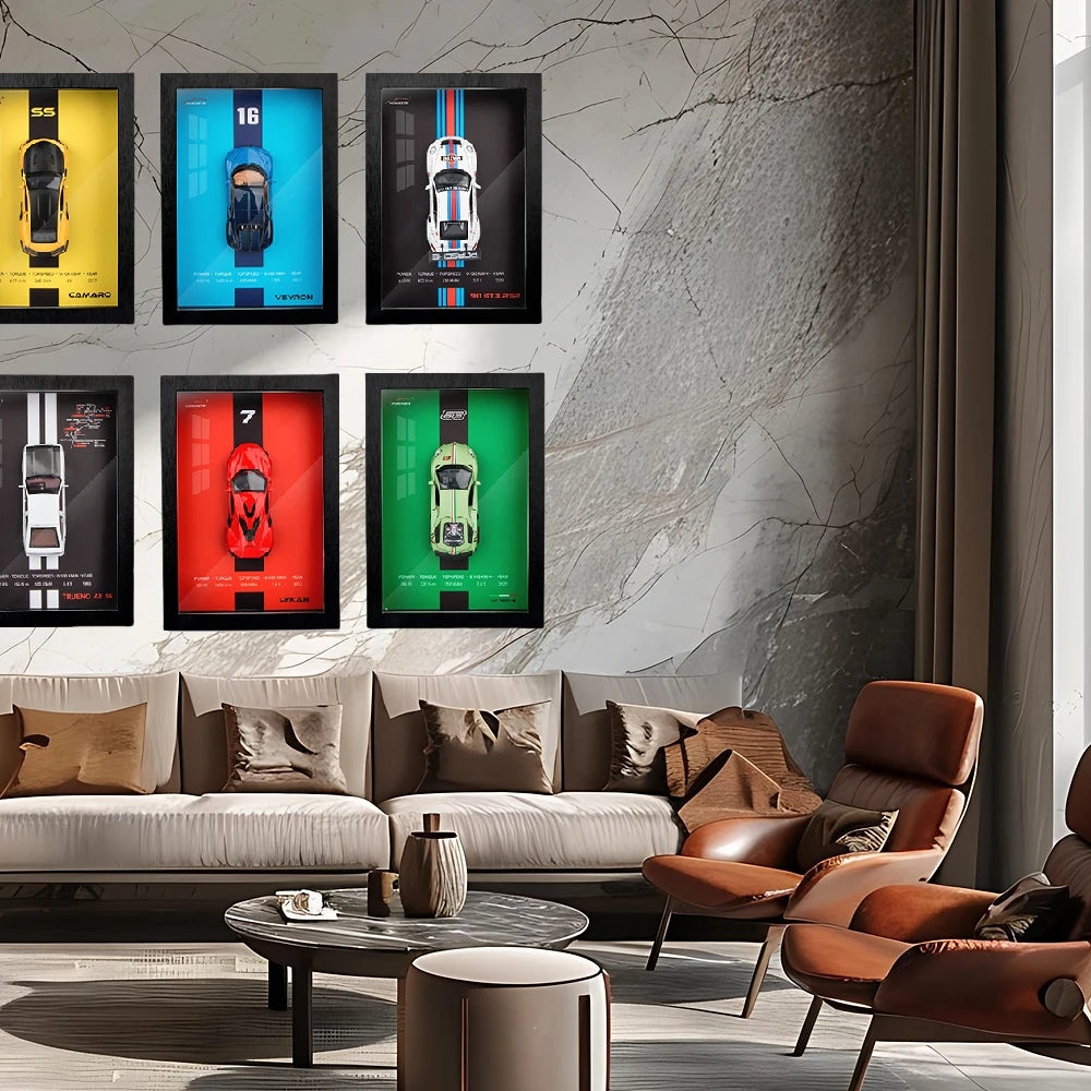 3D Wooden Photo Frame With 1/32 Diecast Metal Miniature Toy Car, 12 Inches Wall Decoration Suitable for Modern Style Living Room