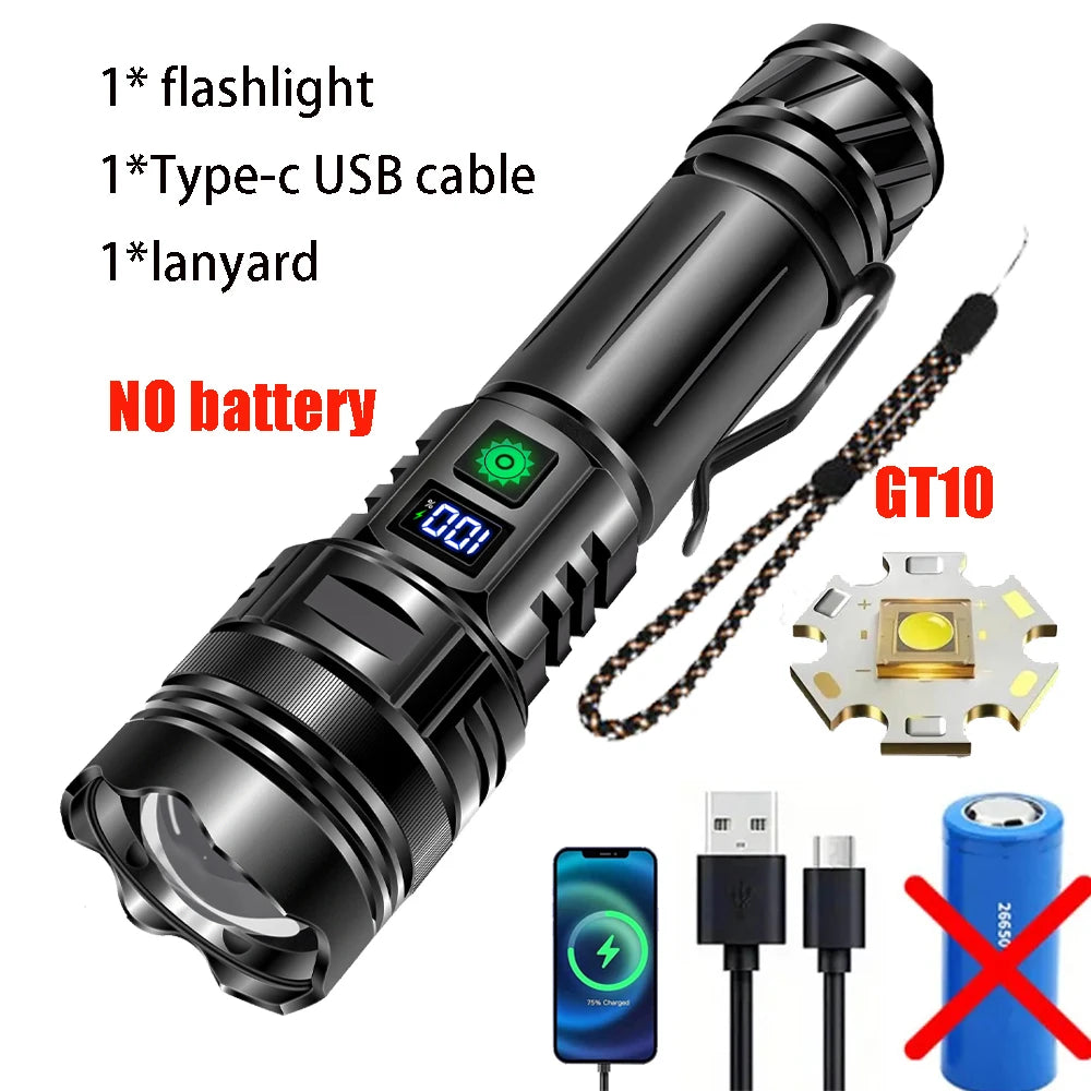 Linterna LED potente de 1000000 LM, recargable por USB, potente linterna táctica, luz de flash de alcance súper largo para pesca al aire libre
