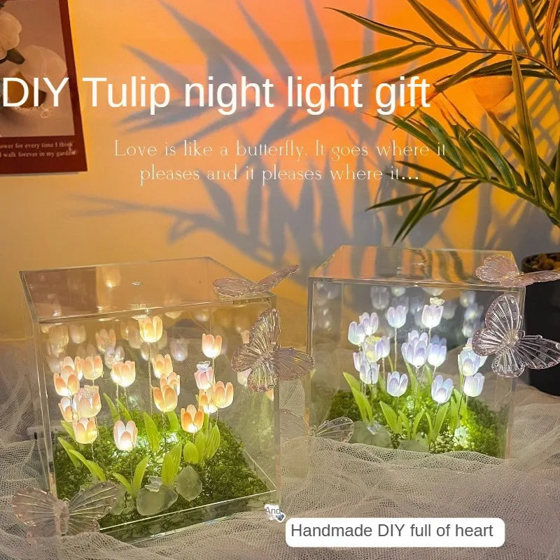 Artificial Tulip Flower Lamp Christmas Gifts Handmade DIY Infinity Tulips Garden Night Light LED Wedding Decor Birthday Gift
