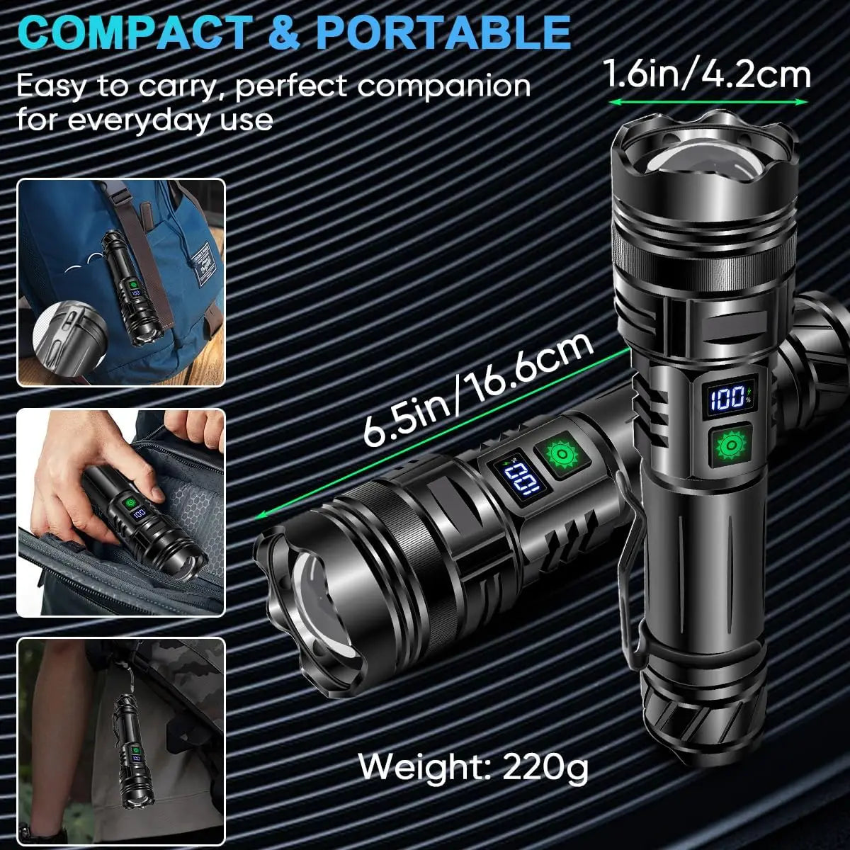 Linterna LED potente de 1000000 LM, recargable por USB, potente linterna táctica, luz de flash de alcance súper largo para pesca al aire libre