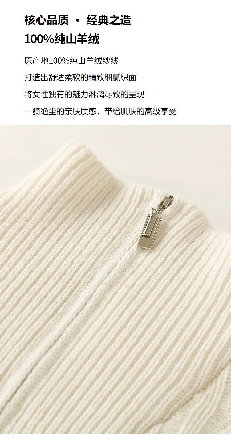 Thick Sweater Women High Quality100% Cashmere Warm Winter Long Sleeve Top Turn-down Collar Zipper Vintage Pullover