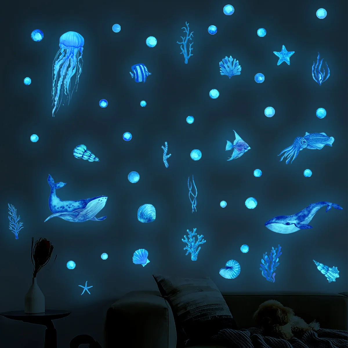 1 juego de pegatinas de pared luminosas de animales marinos azules autoadhesivas a prueba de fecha y desmontables para decoración de habitación de niños