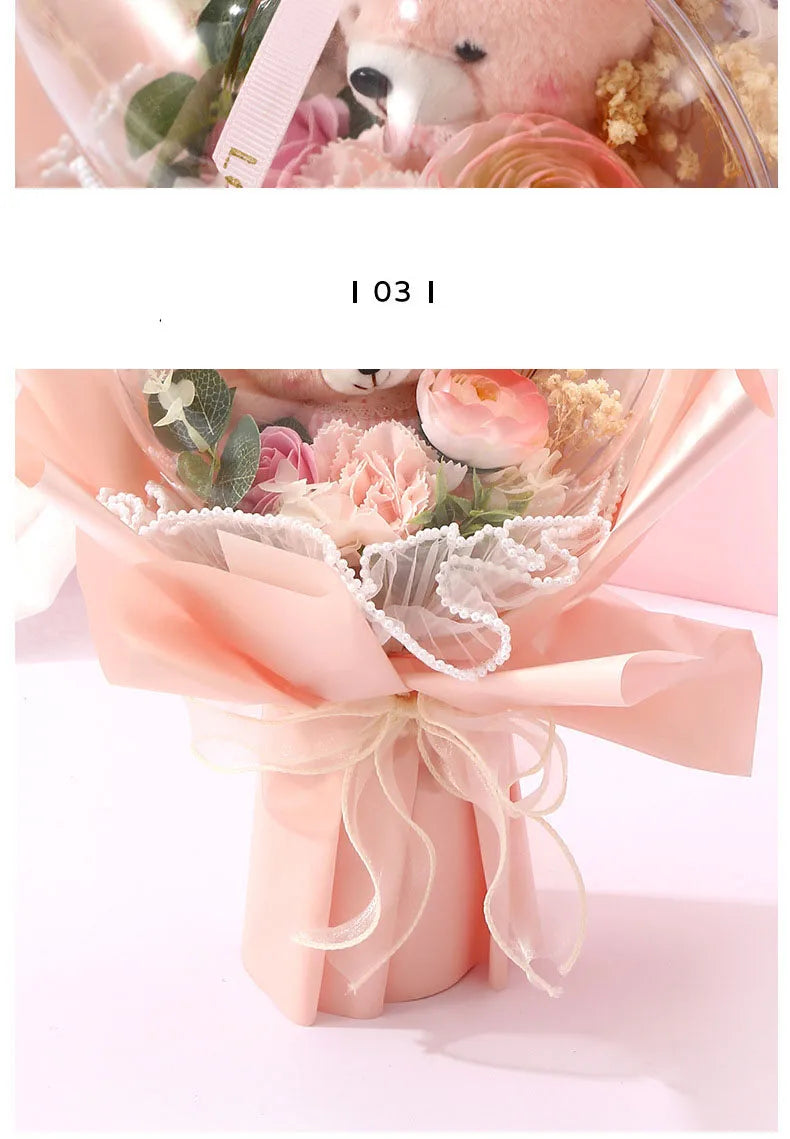 Artificial Rose Flower Bouquet Doll Bear Birthday Party Mother's Day Gift Wedding Bouquet Romantic Appointment Decor Accessories