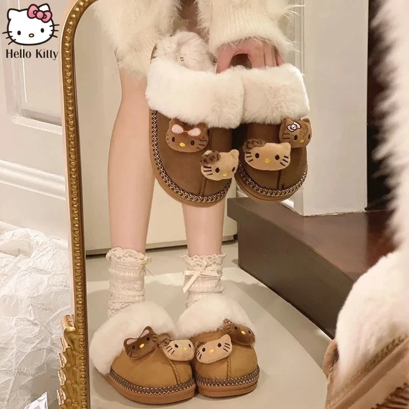 Pantuflas de invierno Sanrio Hello Kitty con bonitos dibujos animados, cálidas y cómodas, estilo Kawaii Y2k, antideslizantes, planas, para exteriores, para mujer