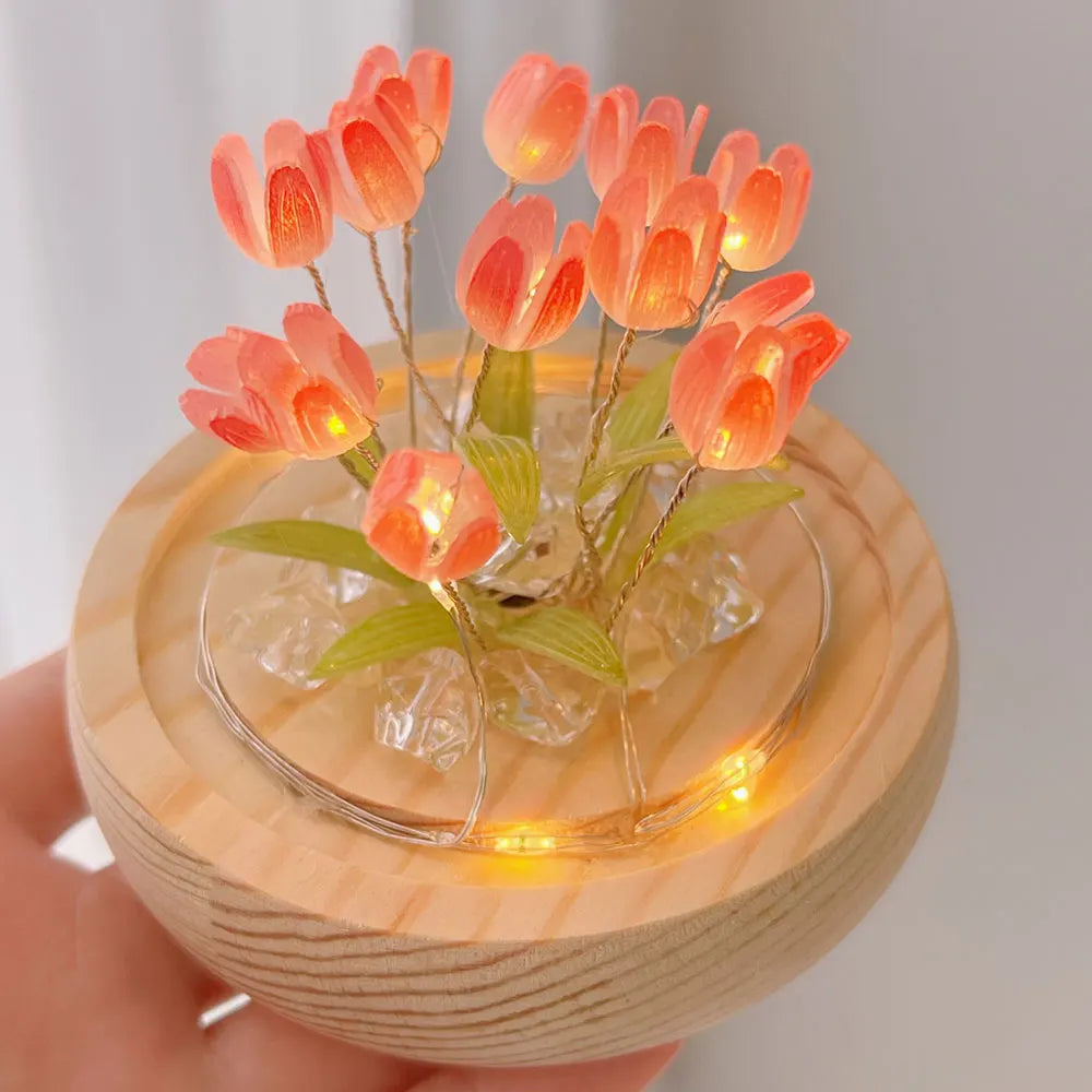 Artificial Tulip Flower Night Light Handmade DIY Bedside Lamp LED Night Lamp Bedroom Decor Christmas Birthday Gifts Table Lamp
