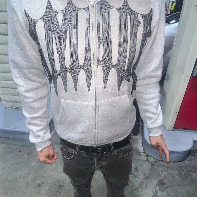 Sudadera con capucha y cremallera de cara completa con diamantes de imitación unisex Y2K, holgada, de gran tamaño, con estampado de letras góticas y estrellas, para hombre y mujer