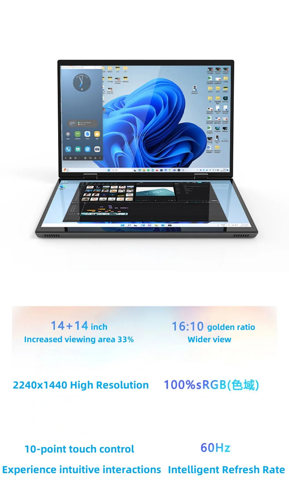 Computadora portátil con pantalla táctil dual de 14 pulgadas y 14 pulgadas, procesador Intel N95, computadora portátil para juegos, DDR4, 16 GB, 1 TB SSD