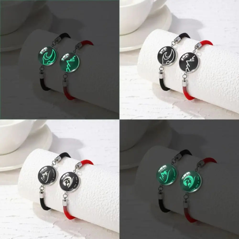 2Pcs Romantic Couple Bracelet Stainless Steel New Sun and Moon Lovers Charm Bracelet Glow in The Dark Adjustable Woven Bracelet
