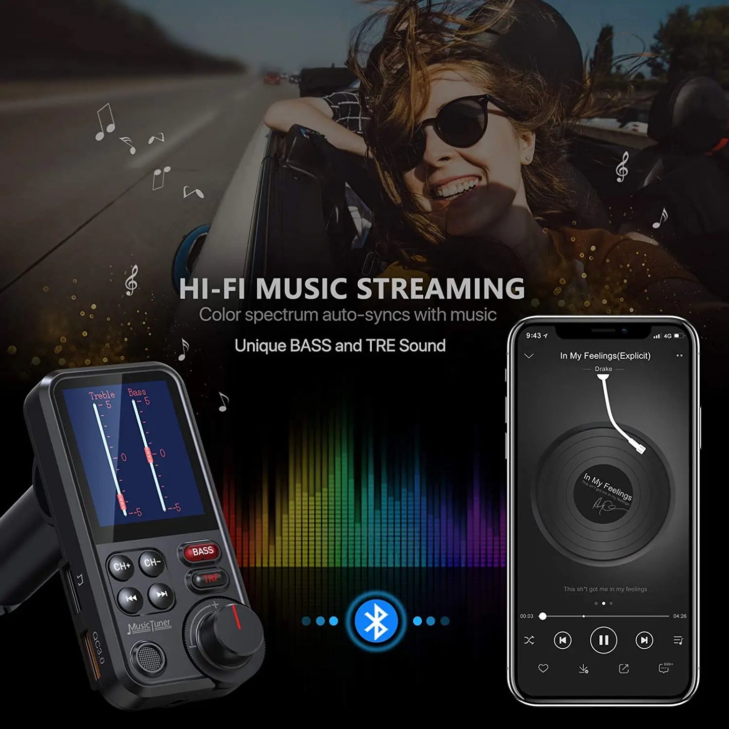 Transmetteur FM Bluetooth sans fil pour voiture de 1,8 pouces, prise en charge auxiliaire, chargement QC3.0, son aigu et grave, lecteur de musique