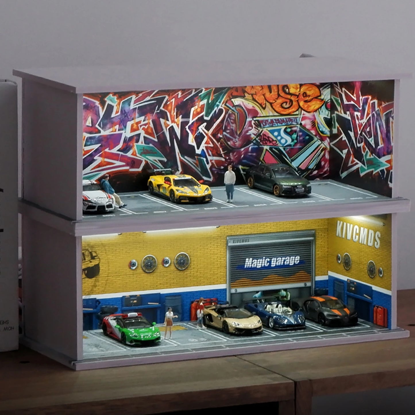 1: 64 Simulation Parking Modèle Miniature Scène pour Jouet Voiture Modèle PVC Assemblé Voiture Modèles avec Lumières Cadre D'affichage cadeau jouet