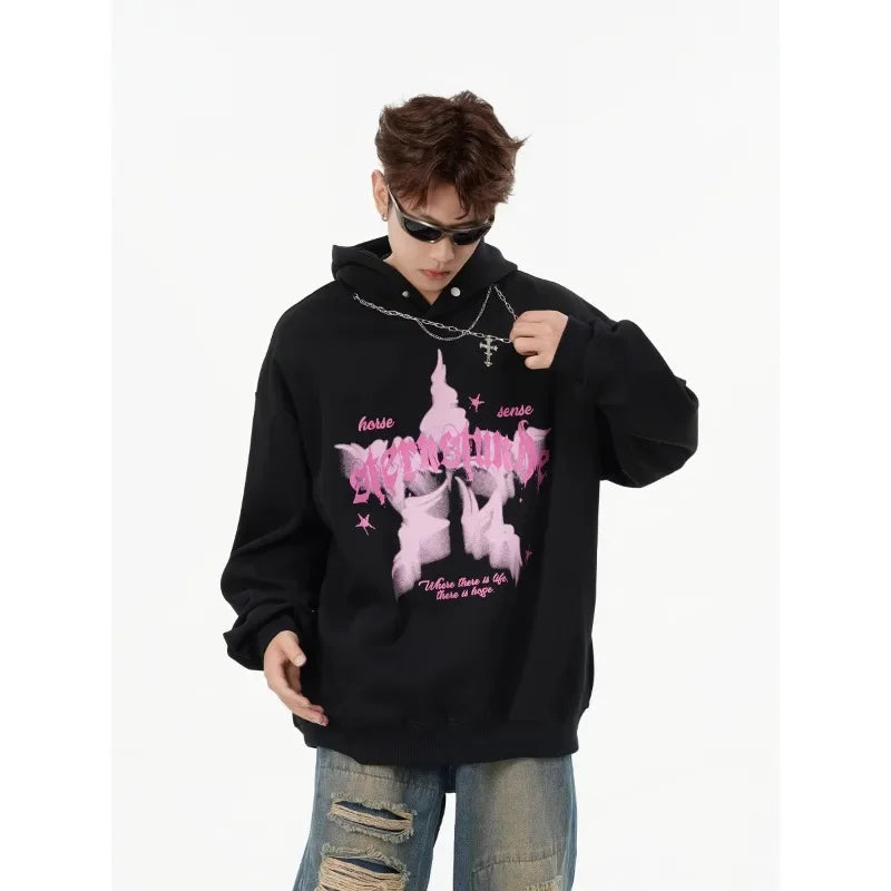 American street style pattern printed hooded sweater men's and women's autumn and winter casual fashion couple's coat