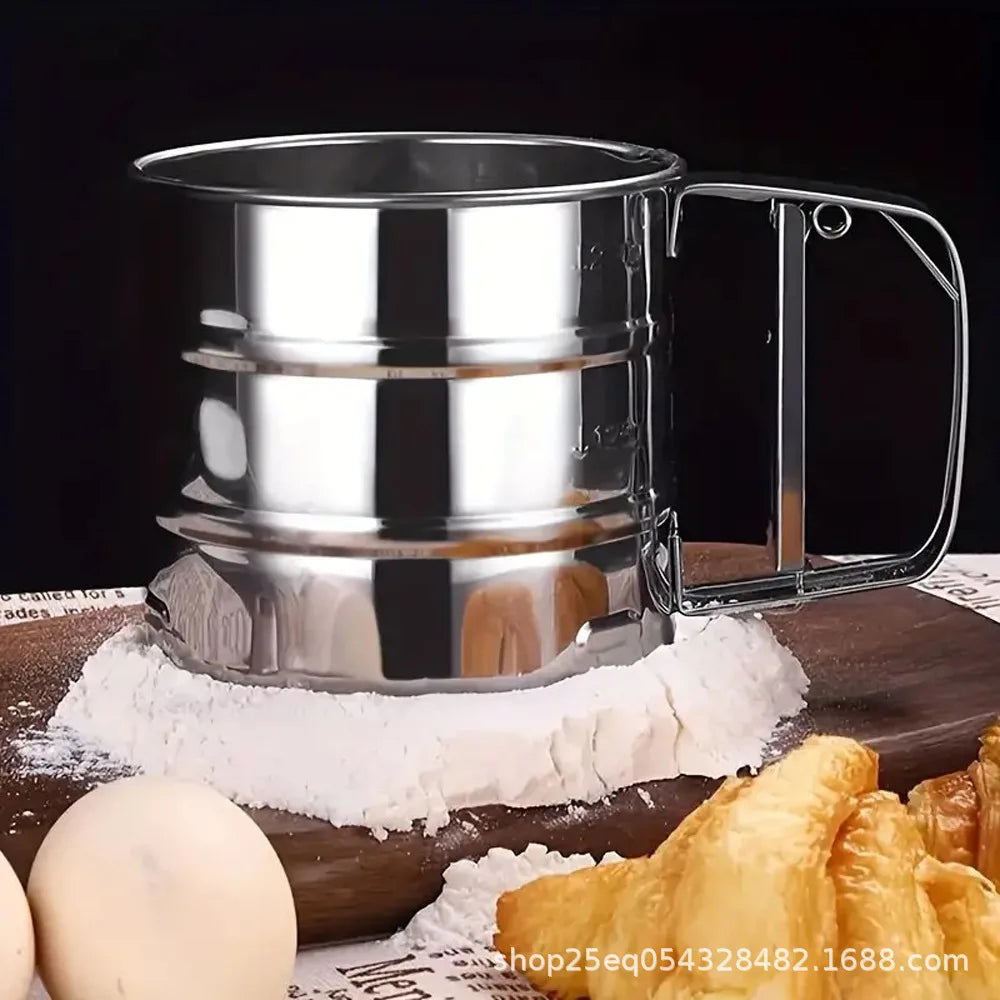 Stainless Steel Flour Sifter Powder Sieve Handheld Flour Sifter Powder Sieve Cup Double-Layer Hand Filter Powder Sieve Hand-Cran