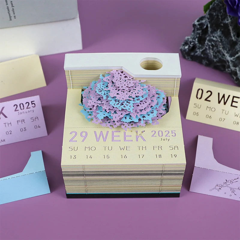 Tree Desk Calendar With LED Lights 2025 Calendar Memo Pad Creative Desk Calendar DIY Notes Notepad 3D Art Calendar Paper Carving