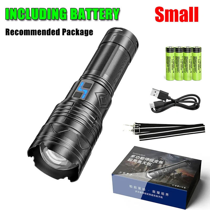 Linterna LED potente GT60 de 100 W, linterna táctica de largo alcance con pantalla de potencia, linterna con zoom recargable por USB para acampar al aire libre