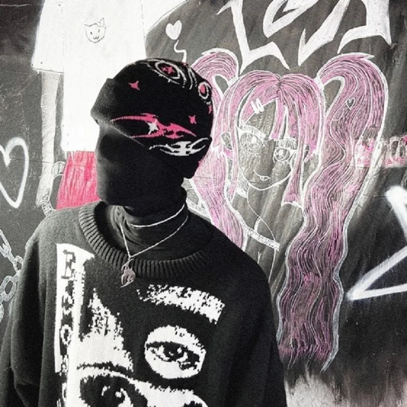 Gorro de punto de lana acrílica con patrón gótico Y2K para mujer, gorro de jacquard a prueba de viento, cálido, estilo hip hop, grunge, informal, para exteriores