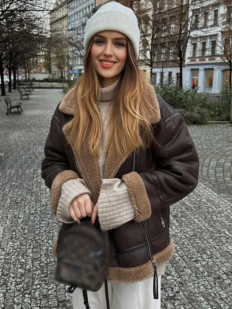 Chaqueta cálida de lana de cordero para mujer de ZBZA, abrigo de piel gruesa de estilo vintage con solapa y cremallera y manga larga con bolsillo, abrigo elegante de invierno