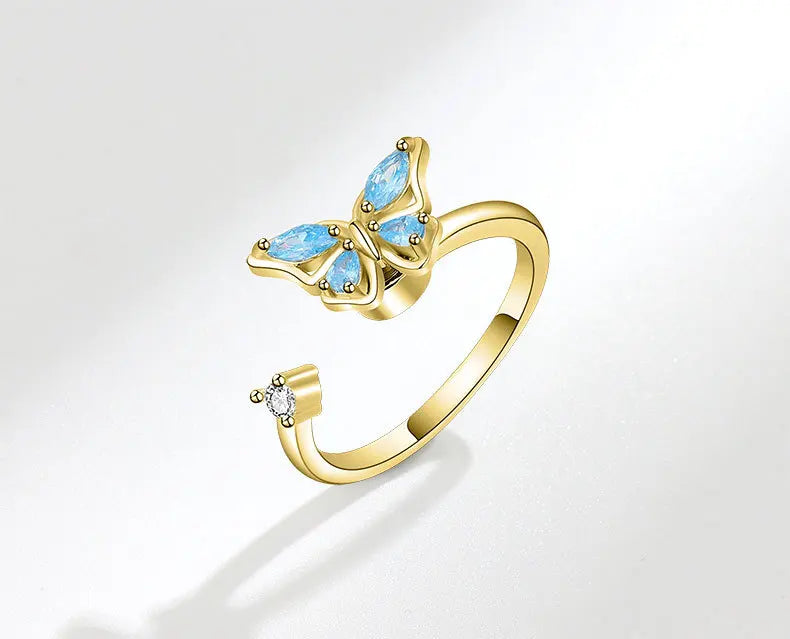 Blue Fidget Spinner Ring Anxiety for Women Multiple Crystal Flower Butterfly Animal Ring Rotate To Anti Stress for Wedding Party
