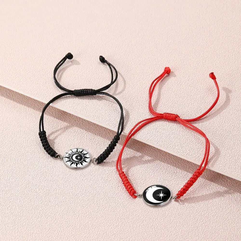 2Pcs Romantic Couple Bracelet Stainless Steel New Sun and Moon Lovers Charm Bracelet Glow in The Dark Adjustable Woven Bracelet