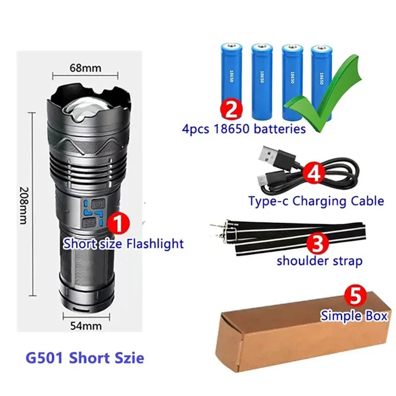 Powerful GT60 LED Flashlight Super Bright Long Range Torch Rechargeable Most Powerful Outdoor Tactical Hand Lamp Camping Lantern
