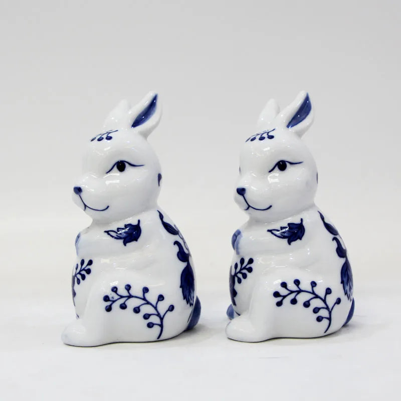 Blue and White Porcelain Rabbit Sculpture Decoration Cute Animal Ceramic Crafts Office Room Ornament
