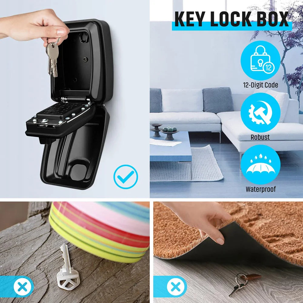 Wall Mounted Key Storage Safe Waterproof Anti-theft Key Box With Combination Lock 12-Digital Password Office Home Outdoor Use