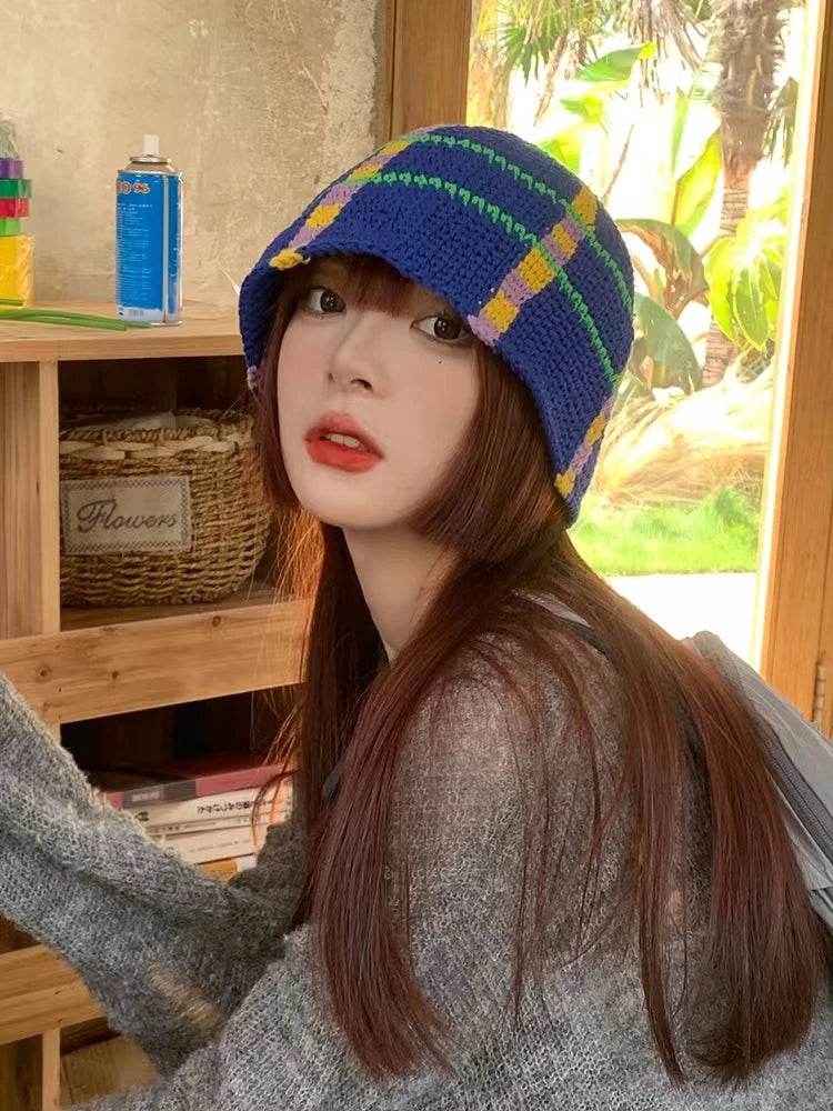 2022 New Korean-Japanese Hand Buckle Crochet Bucket Hat Spring and Autumn Winter Sun Hat Female Cherry Designer Bob Basin Hat