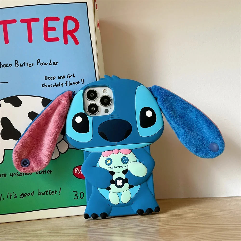 Stitch 3D Silicone Cartoon Phone Case for IPhone 14 13 12 11 15 Pro Max Fluffy Fur Plush Ear Sleeves Gift for Girls and Boys