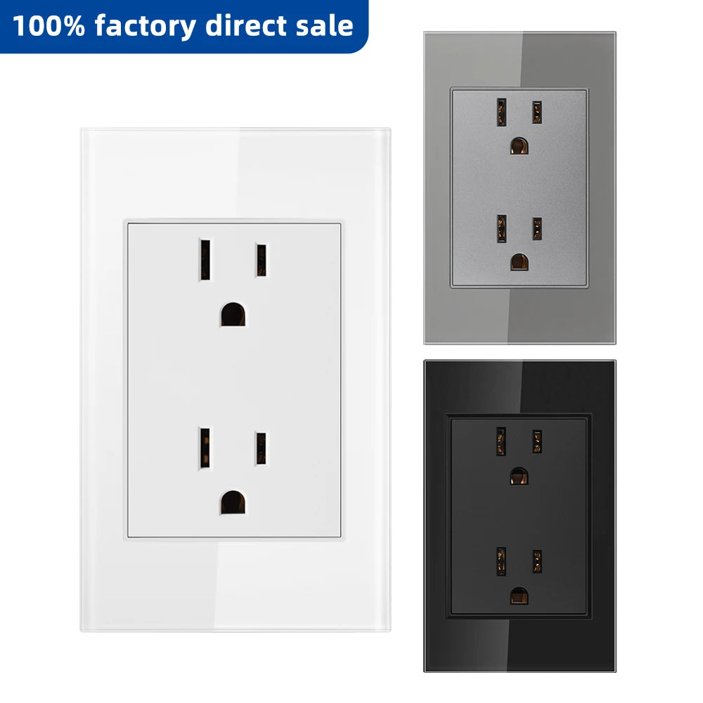 VISWE US Standard Electrical Plug, 118mm*72mm Tempered Glass Panel, American Power Outlet 15A Wall Socket