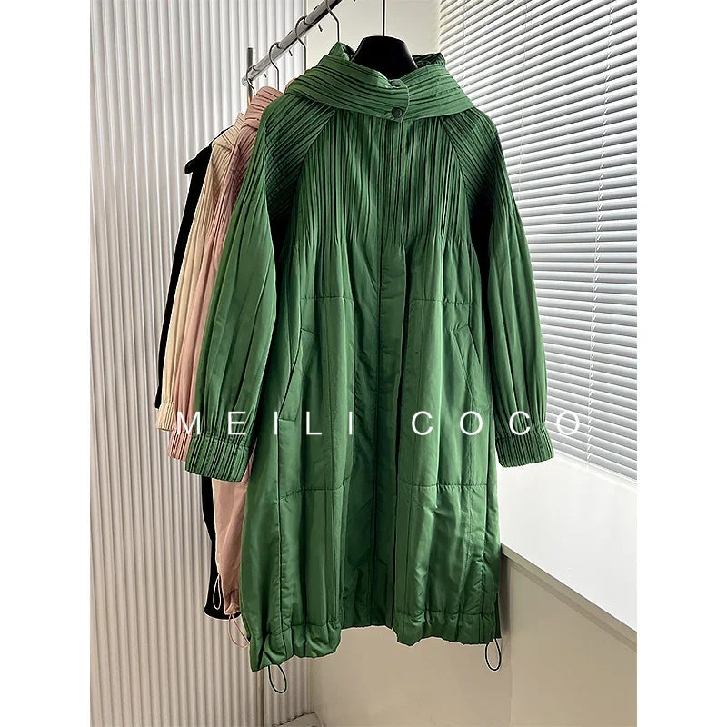 ALSEY Miyake Pleated Solid Collar Hooded Fashion Women's Jacket 2024 Autumn Winter New Long-sleeved Slim Lengthened Windbreaker