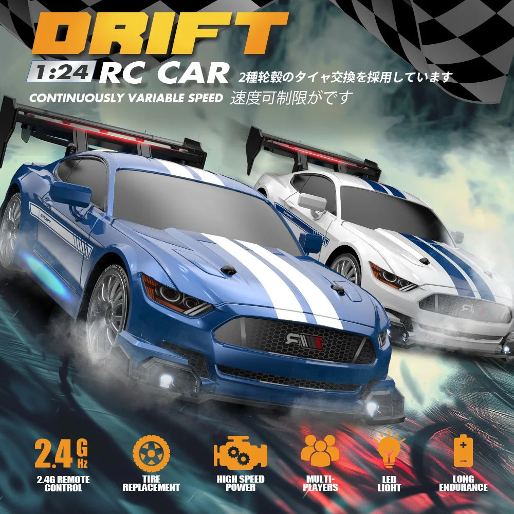 1:24 Coche de derrape RC de alta velocidad Mustang 4WD Coche de carreras de control remoto Regalo Coche de carreras de competición Juguete para niños Neumático reemplazable