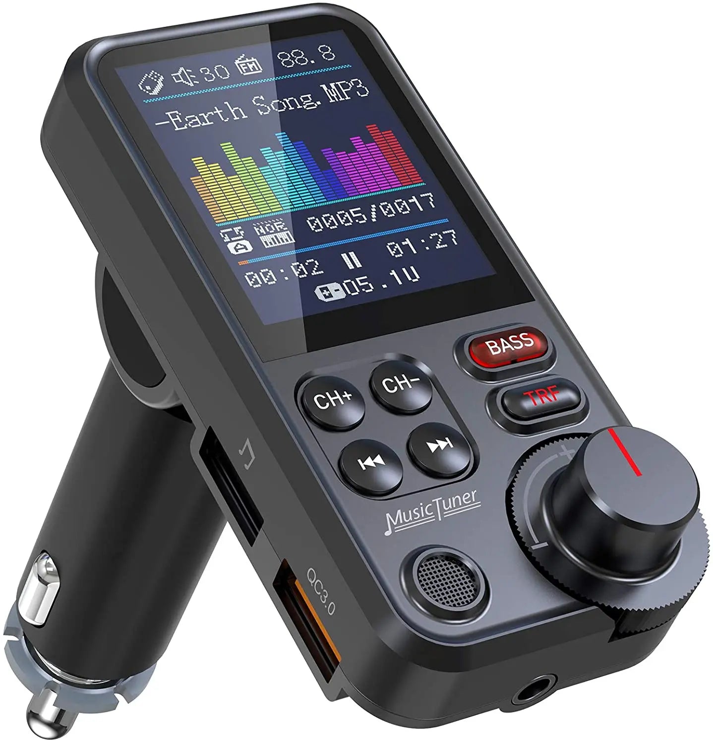 Transmetteur FM Bluetooth sans fil pour voiture de 1,8 pouces, prise en charge auxiliaire, chargement QC3.0, son aigu et grave, lecteur de musique