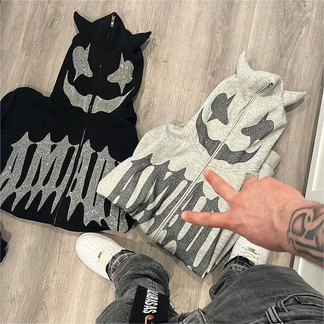 Sudadera con capucha y cremallera de cara completa con diamantes de imitación unisex Y2K, holgada, de gran tamaño, con estampado de letras góticas y estrellas, para hombre y mujer