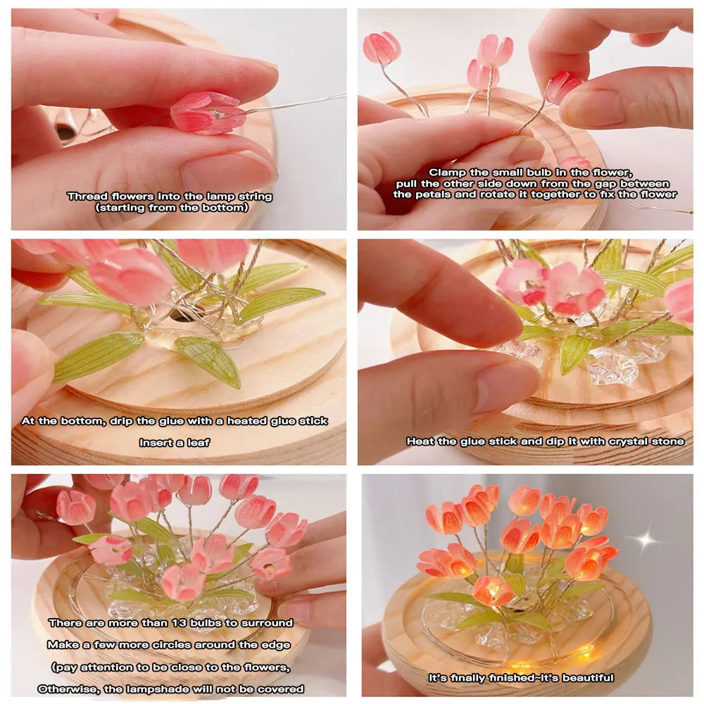 Artificial Tulip Flower Night Light Handmade DIY Bedside Lamp LED Night Lamp Bedroom Decor Christmas Birthday Gifts Table Lamp