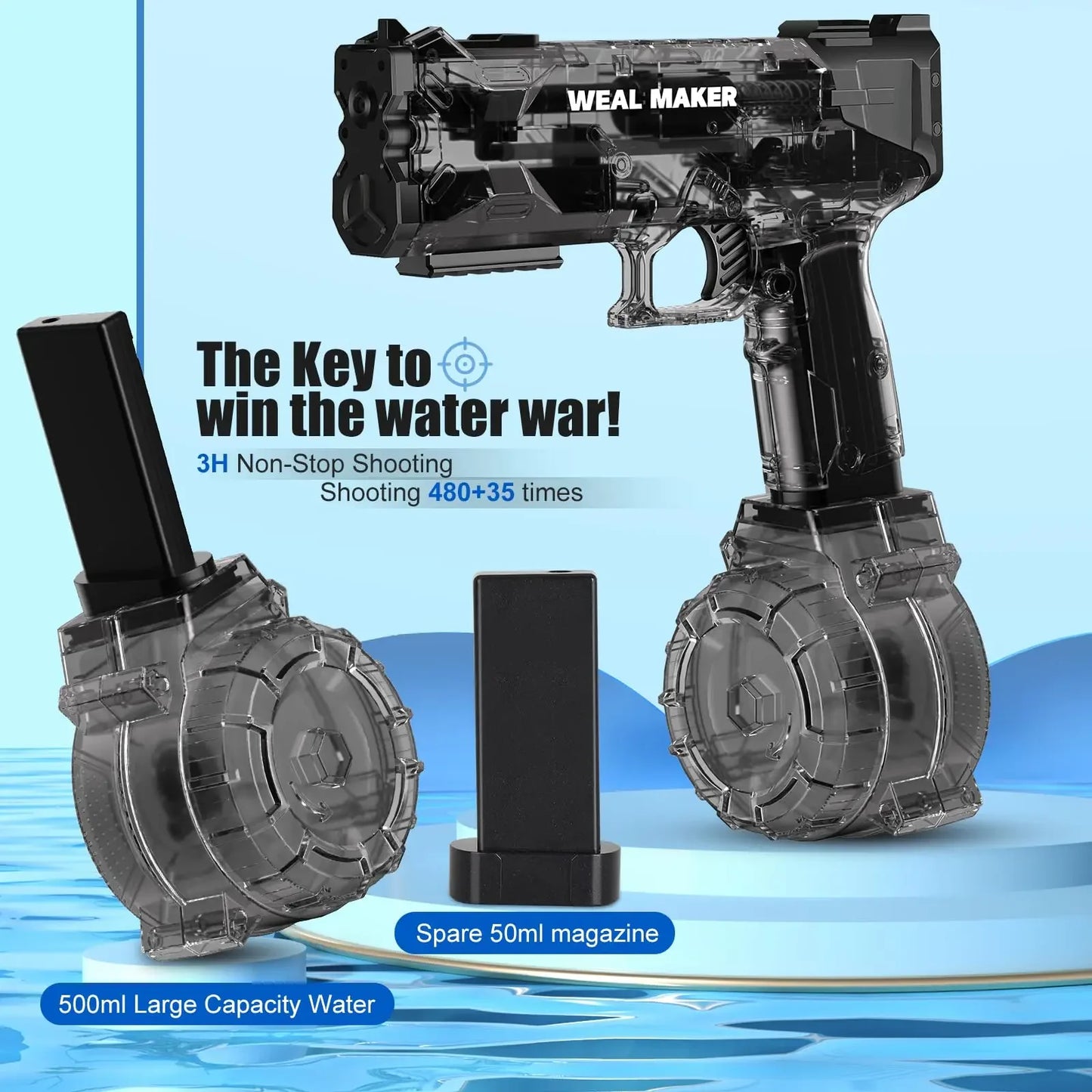 Transparent Glock Full Automatic Squirt Water Gun Spray Blaster Electric Water Pistol Toy Summer Pool Outdoor Toy for Kids Adult