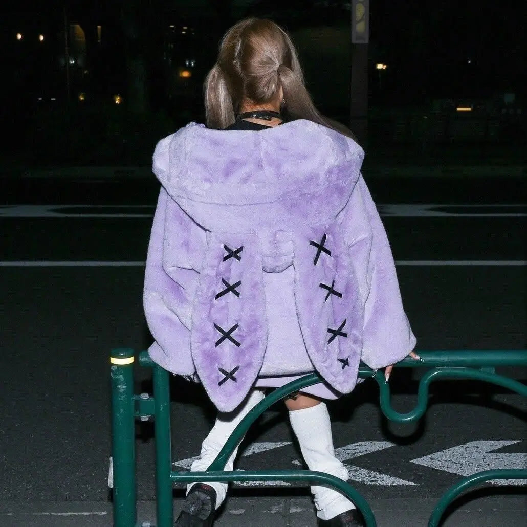2023 Winter New Harajuku Rabbit Ear Plush Coat Y2k Clothes Soft Zipper Tops Hooded Women Gothic Punk Style Mid Length Jacket