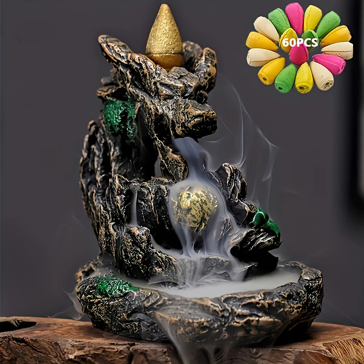 1 quemador de incienso con forma de cascada, río y montaña, con reflujo, soporte para incensario de humo aromático, para manualidades caseras, más de 60 conos de incienso