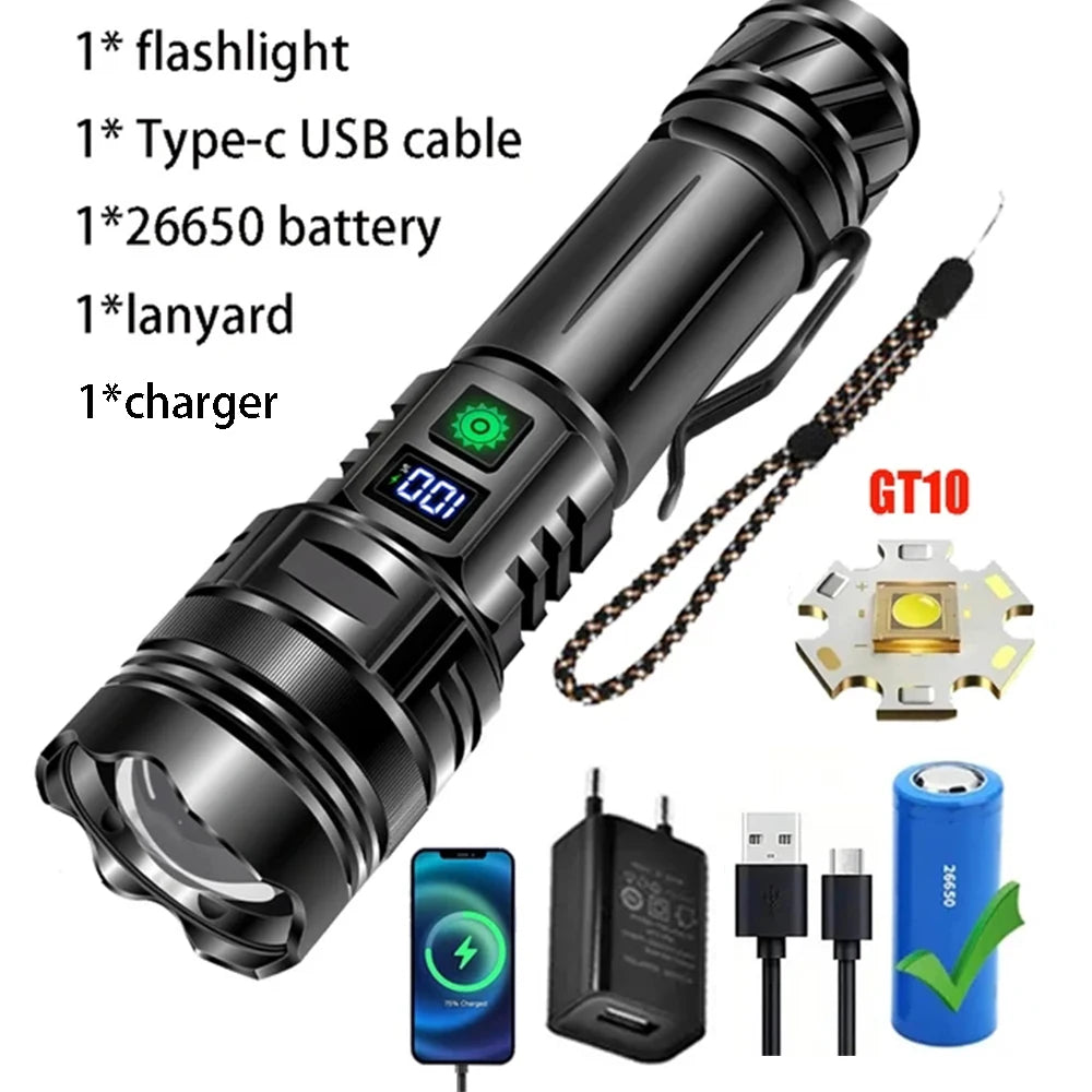 Linterna LED potente de 1000000 LM, recargable por USB, potente linterna táctica, luz de flash de alcance súper largo para pesca al aire libre