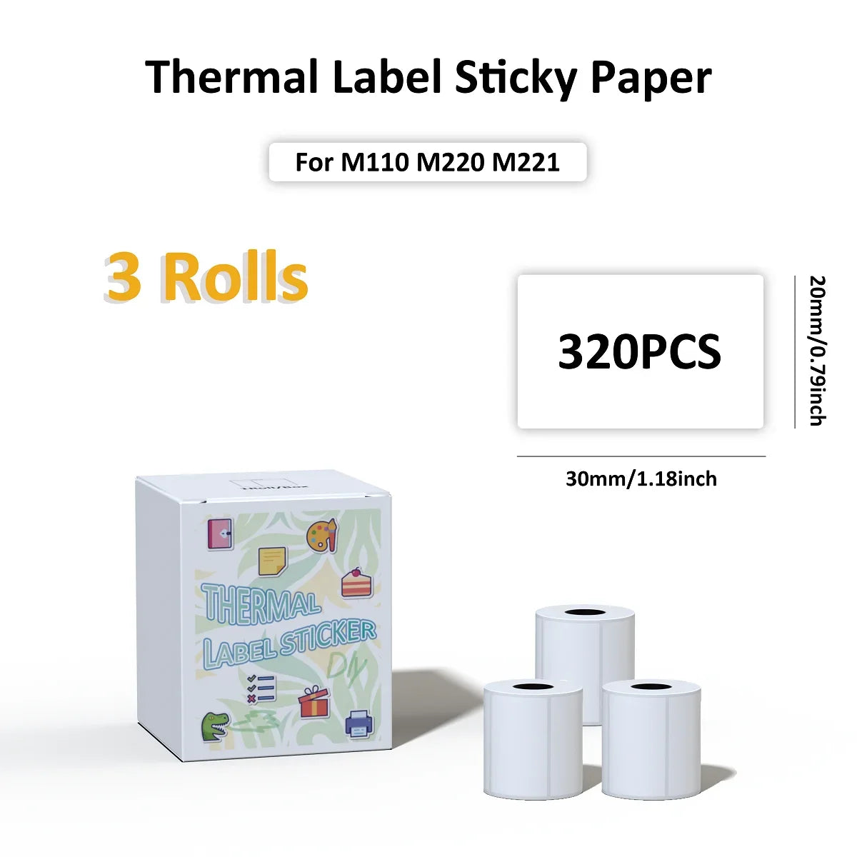 3 Rolls Thermal Sticker Label Paper Adhesive Square/Round Labels For M110/M221/M220/M120/M200/M110S For Logo,Address Label